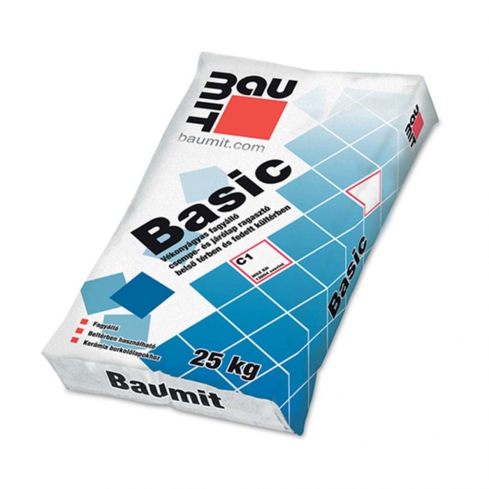 A Baumit Basic burkolatragasztó egy vékonyágyas, cementbázisú ragasztó, amely ideális csempék és mázas kerámialapok ragasztásához normál terhelésnél beltéri felhasználásra. A termék fagyálló és vízálló, ami garantálja a hosszú élettartamot és az időjárás viszontagságainak ellenálló képességet.