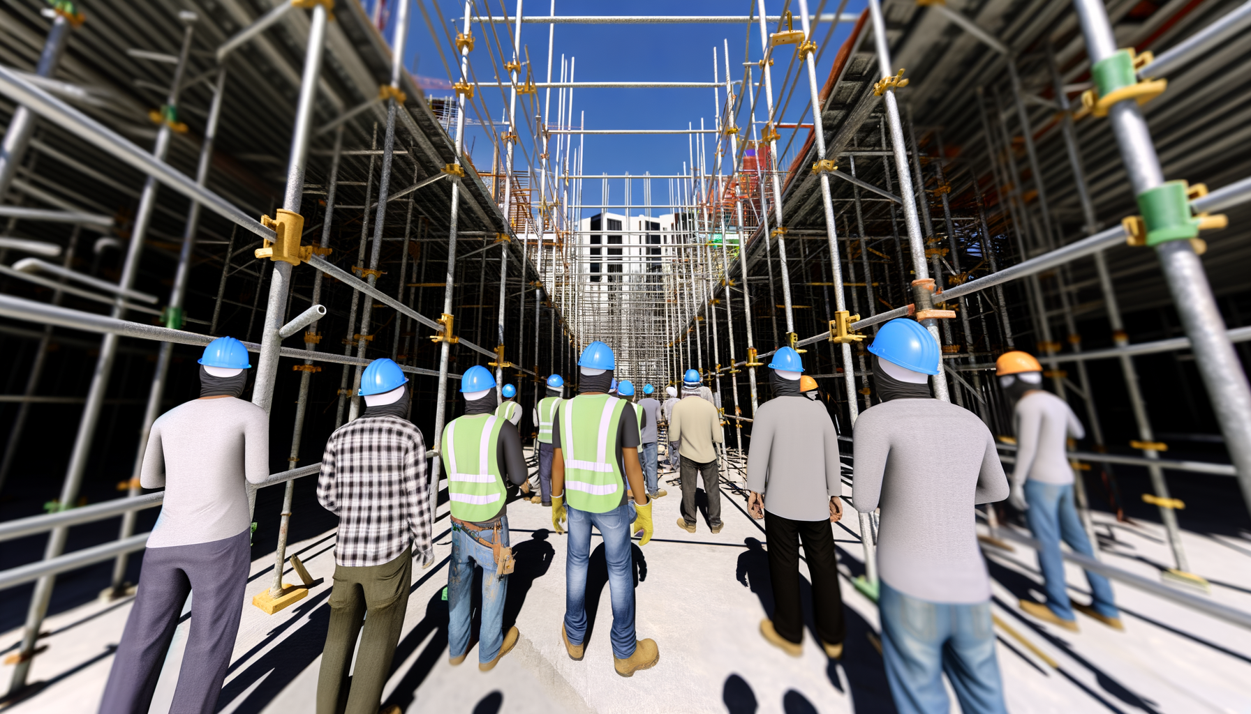 Építkezésen felállított fémállvány napfényben, dolgozó munkásokkal